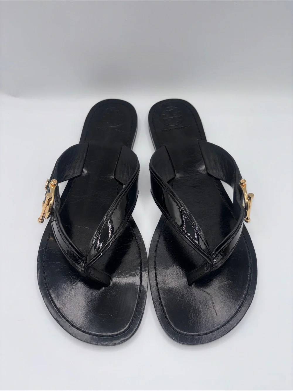 Tory Burch Black Leather Thong Sandals with Gold Hardware